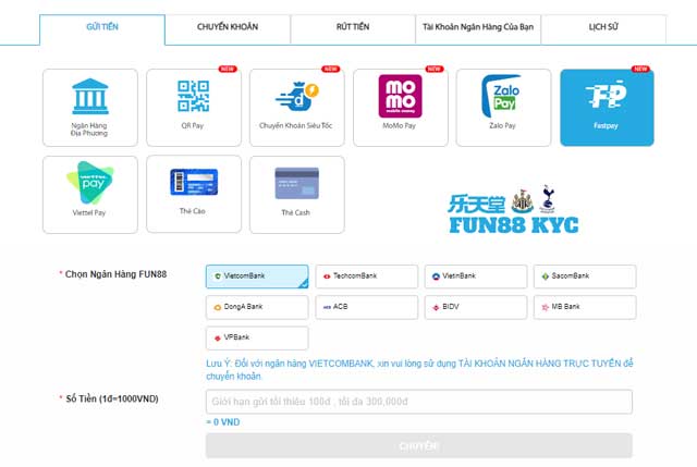 Hướng dẫn nạp tiền Fun88 qua fastpay tốc hành!